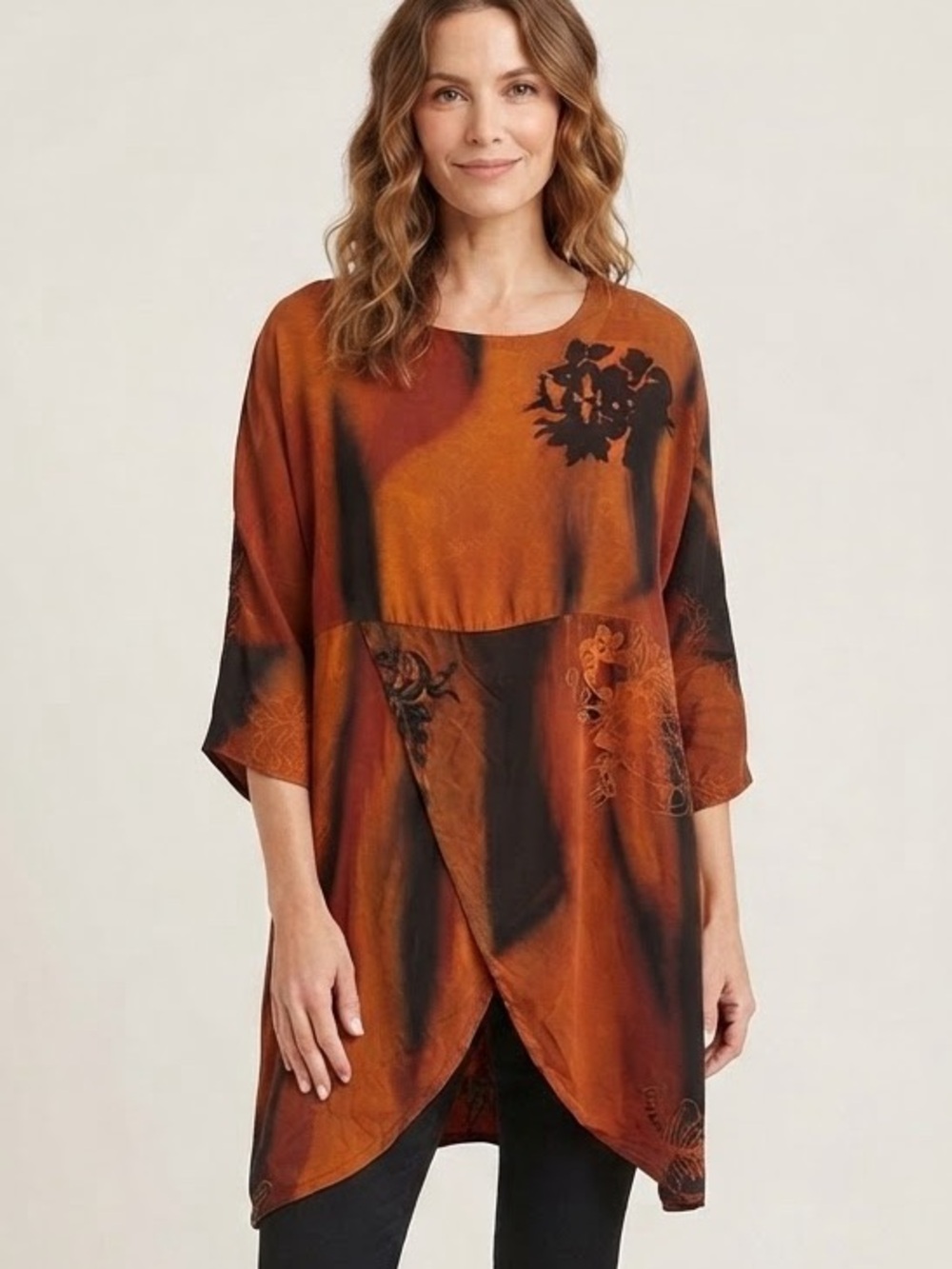Kaliyana Sz L Boho Lagenlook Asymmetrical Orange Tunic Top